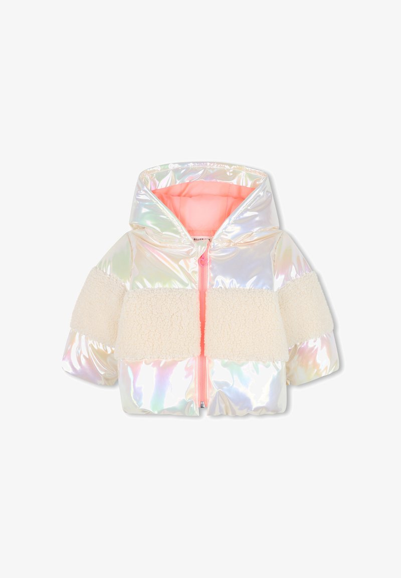 Giacca a vento olografica con cappuccio, dotata di una morbida fascia in pile color crema e cerniera rosa. Fodera interna di colore rosa. Design corto e squadrato.