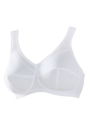 Reggiseno bianco realizzato in morbido tessuto, con cuciture strutturate e spalline larghe. Senza stecche e con una finitura liscia per comfort e supporto.