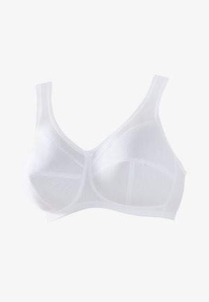 Reggiseno bianco realizzato in morbido tessuto, con cuciture strutturate e spalline larghe. Senza stecche e con una finitura liscia per comfort e supporto.