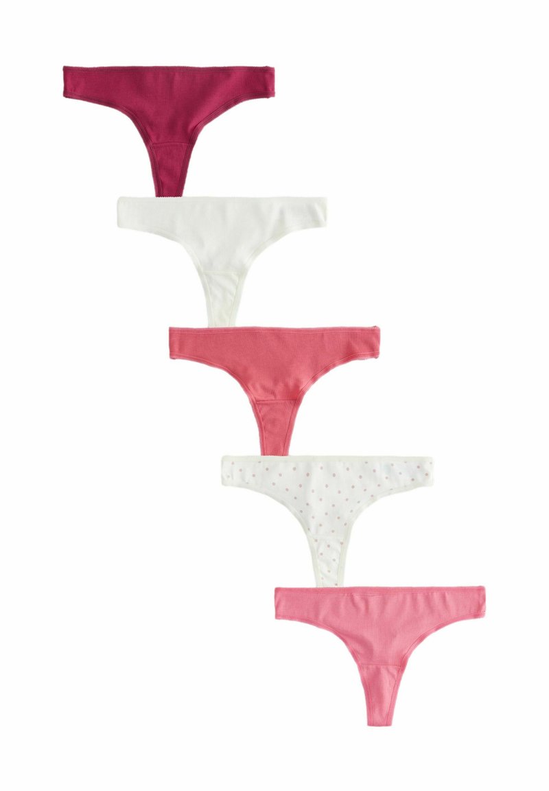 Ensemble de cinq strings pour femmes dans des teintes variées : rouge foncé, blanc, rose et un modèle blanc à pois roses. Tissu doux, design sans couture.