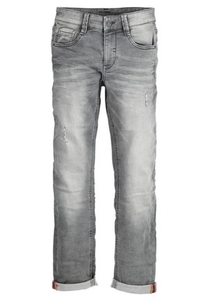 Graue Jeans aus Denim mit einem verblassten Finish, mit Wäscheeffekten, beschädigten Details, fünf Taschen und hochgeschlagenen Säumen. Lederpatch auf der Rückseite.