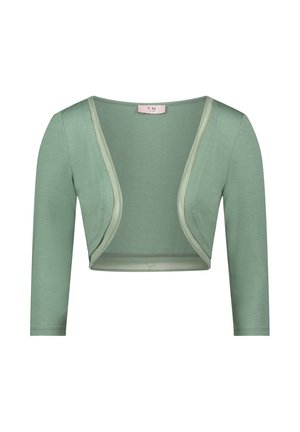 Cardigan court vert clair avec manches trois-quarts et ouverture sur le devant, sur fond blanc.