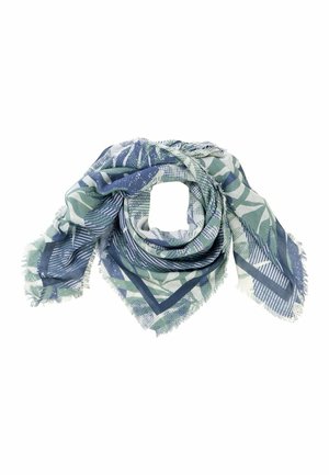 Foulard carré avec des motifs abstraits de feuilles et de rayures vertes, bleues et blanches, disposé avec des plis doux et des bords à franges.