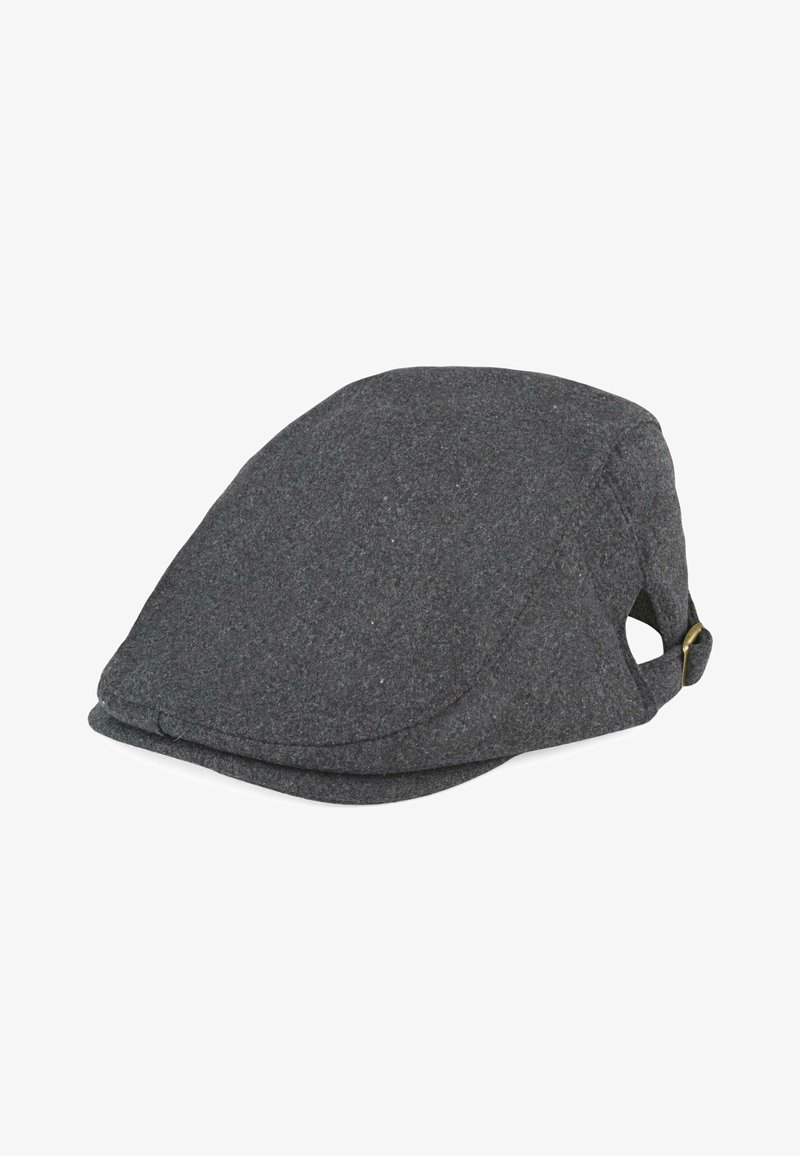 Gorra de lana gris con forma redondeada, que presenta unipa elegante visera curva y un pequeño detalle de hebilla de latón en el lateral. Textura suave y diseño minimalista.