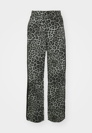 Leopard print pants in grey tones with a relaxed fit, elastic waistband, and black side accents for added detail and contrast.