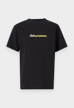Black cotton T-shirt featuring a crew neck, short sleeves, and a central logo in yellow, reading "CLEPTOMANICX" with subtle graphic accents.
