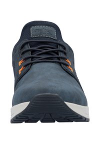 Navy blue leather shoe with orange accents, featuring a rounded toe, lace-up closure, and a white rubber sole with textured grip.