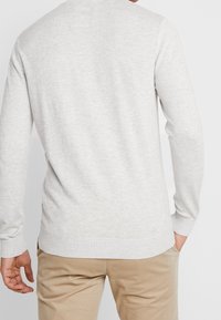 Pull gris clair en tricot doux, avec des manches longues, des poignets et un ourlet côtelés. La vue arrière montre un design simple et classique.