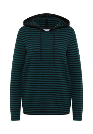 Sweat à capuche avec des rayures horizontales bleu sarcelle et noires, fabriqué en tissu doux avec des cordons réglables et une coupe décontractée.