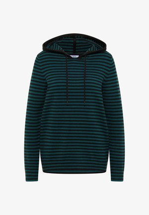 Hættetrøje med horisontale striber i blågrøn og sort, lavet af blødt stof med justerbare snore og en afslappet pasform.