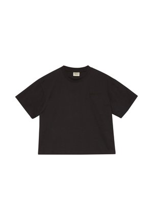 Zwarte cropped t-shirt met korte mouwen en ronde hals, voorzien van een klein, blind-gegoten "HALO" logo op de linkerborst.