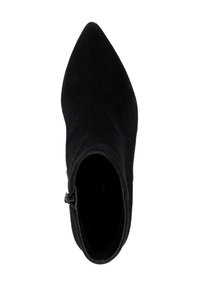 Black suede ankle boot with pointed toe and side zipper, viewed from above on a white background.