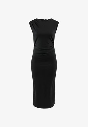 Black sleeveless dress made of stretchy fabric, featuring a round neckline, gathered side detailing, and a knee-length, form-fitting silhouette.