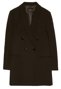 Zwarte dubbelgeknoopte lange blazer met brede revers, vier knopen aan de voorkant, twee zijzakken en een soepele binnenvoering.