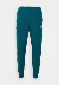 Turkosa joggers med elastisk midjeband, ribbad fåll och en liten vit Nike-logotyp på vänster lår. Tillverkade av mjukt bomullsmaterial.