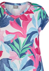 Kurze Ärmel V-Ausschnitt-Shirt in Weiß mit einem lebhaften floralem Druck in Pink, Blau, Grün und Marineblau, mit weicher Textur und lockerer Passform.