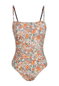 Bloemige badmode van lichtgewicht, rekbaar materiaal met oranje en teal bloemen op een crème achtergrond, verstelbare schouderbanden en een aansluitend ontwerp.