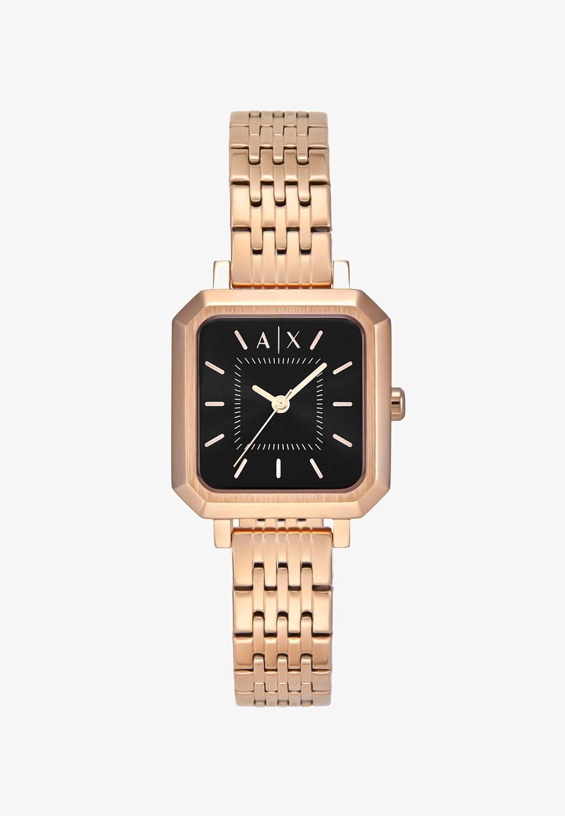 Reloj de pulsera de metal en oro rosa con esfera cuadrada negra, marcadores de hora en oro rosa, tres agujas y logo "A|X" a las 12.