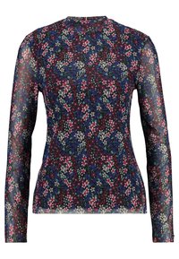 Top met lange mouwen en bloemenprint op een zwarte achtergrond, met rode, witte en blauwe bloemen. Gemaakt van doorschijnend materiaal met een ronde hals.