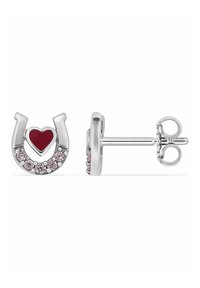 Orecchini a forma di ferro di cavallo in argento con un cuore rosso e accenti in cristallo rosa, che presentano una finitura lucida e un design curvo.