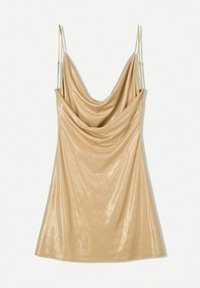 Halsfernes, ärmelloses Kleid aus einem schimmernden, beigen Stoff. Mit feinen Trägern und einer fließenden, drapierten Silhouette für einen eleganten Sitz.