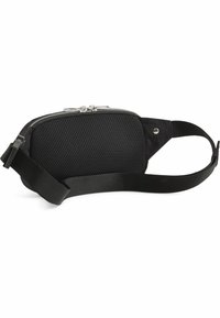 Zwarte crossbody tas met een gestructureerde mesh voorkant, een gladde stoffen achterkant, een zilveren rits en een verstelbare schouderband. Compact en minimalistisch ontwerp.