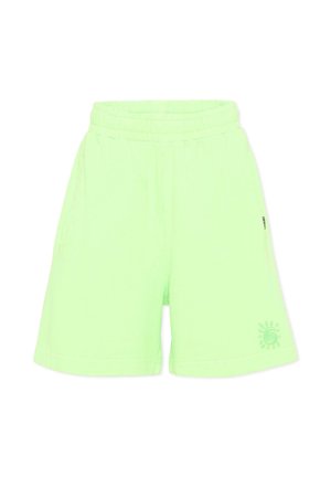 Neonowo zielone szorty do kolan z elastycznym pasem i małą grafiką słońca przy dolnym brzegu na lewej nodze.