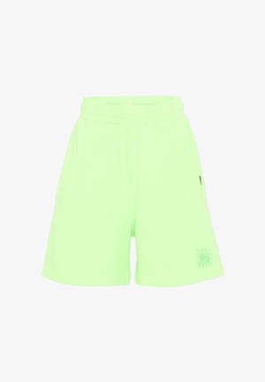 Neonowo zielone szorty do kolan z elastycznym pasem i małą grafiką słońca przy dolnym brzegu na lewej nodze.