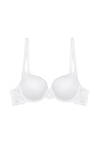 Soutien-gorge blanc avec des bonnets rembourrés, texture lisse, bretelles réglables et accents en dentelle florale sur les côtés. Design de lingerie classique.