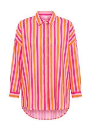 Langærmet skjorte med knapper, med lodrette striber i pink, orange og hvid, spids krave og afrundet kant.