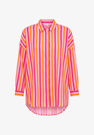 Langærmet skjorte med knapper, med lodrette striber i pink, orange og hvid, spids krave og afrundet kant.