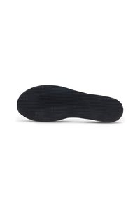 Semelle de chaussure en caoutchouc noir avec une surface texturée et une forme arrondie, présentant un design subtil pour l'adhérence. Pas de logos ni de motifs visibles.