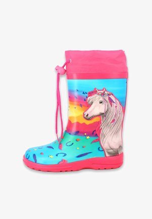 Botte de pluie en caoutchouc avec un haut rose, un graphique de licorne coloré et une base turquoise ornée de cœurs, d'étoiles et de motifs de plumes.