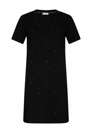 Abito in cotone nero con scollo a V e maniche corte, caratterizzato da un motivo a piccolo ovale in tonalità tonali su tutta la superficie. Tessuto morbido, vestibilità comoda.