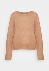 Pull en maille marron clair avec un col rond, des manches longues et une coupe cropped. Texture douce avec des poignets et un ourlet côtelés.