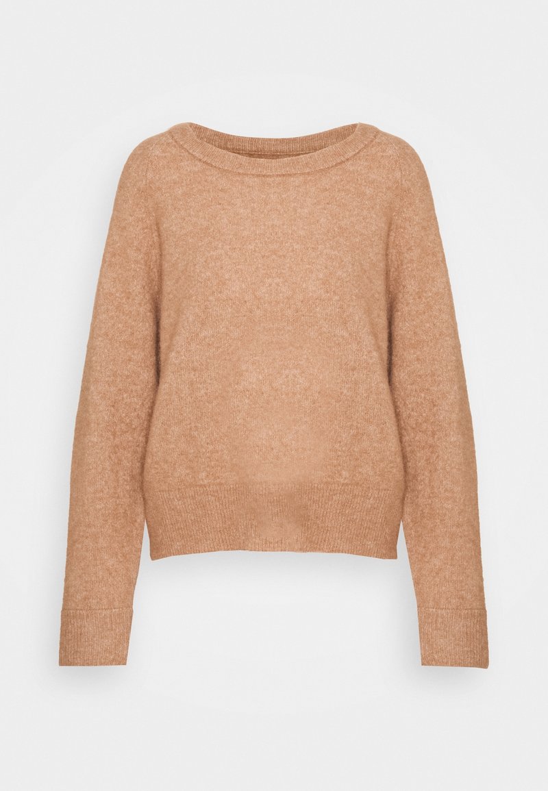 Pull en maille marron clair avec un col rond, des manches longues et une coupe cropped. Texture douce avec des poignets et un ourlet côtelés.