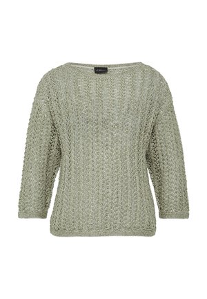 Hellgrüner gestrickter Pullover mit lockerer, strukturiertem Design, weitem Ausschnitt und Dreiviertelärmeln. Verfügt über ein offenes Gewebemuster.