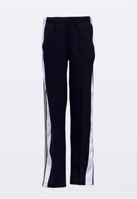 Svarte treningsbukser laget av glatt stoff, med hvite sidestriper og en avslappet passform. Elastisk midjebånd for komfort.