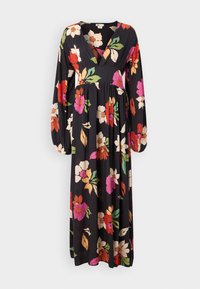 Lang svart kjole med livlige, store blomster mønstre i rosa, rød, oransje og krem. Har en dyp V-hals og lange ermer. Lett stoff.