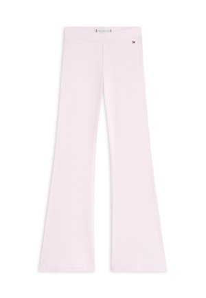 Pantalon évasé en maille côtelée rose clair avec une taille haute et un petit logo Tommy Hilfiger sur la hanche gauche supérieure.