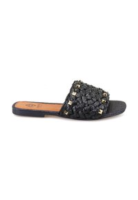 Zwarte gevlochten slipper met een gestructureerde bovenkant met gouden studs, een platte zool en een gladleren voetbed.