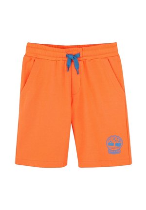 Shorts di cotone arancioni con due tasche laterali, un cordoncino blu e un logo Timberland blu stampato sul lato sinistro in basso.