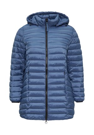 Gevoerde jas in donkerblauw met een rits aan de voorkant, capuchon en horizontale quilten. Beschikt over twee zijzakken en elastische manchetten. Soepele textuur.