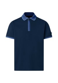 Marineblauw poloshirt met korte mouwen, lichterblauwe kraag, mouwranden en een halve rits aan de voorkant in het midden.