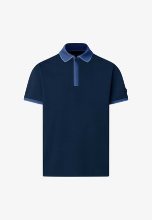 Polo a maniche corte blu navy con colletto, bordi delle maniche e chiusura con mezza cerniera al centro davanti in azzurro più chiaro.