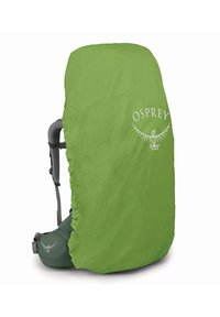 Cubierta impermeable verde para mochilas con el logo de OSPREY. Diseño ajustado que se adapta a diversas formas de mochilas, con bordes elásticos para un ajuste seguro.