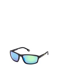 Gafas de sol polarizadas negras con un acabado brillante, grandes lentes rectangulares que presentan un tinte degradado de azul a verde, y franjas amarillas de acento en las patillas.
