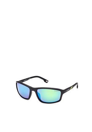 Schwarze Polarisations-Sonnenbrille mit glänzender Oberfläche, großen rechteckigen Gläsern mit einem Farbverlauf von Blau zu Grün und gelben Akzentstreifen an den Bügeln.