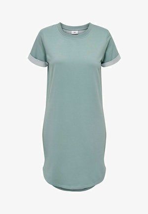 Kurzarmkleid aus einem leichten Baumwollmix in Hellgrün, mit kontrastierenden grauen Besätzen an den Ärmeln und einem geschwungenen Saum. Weicher Stoff, entspannte Passform.