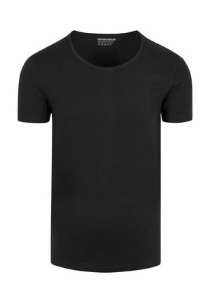 Zwart aansluitend heren-T-shirt met korte mouwen en ronde hals, met een gladde textuur en zonder zichtbaar ontwerp of logo.